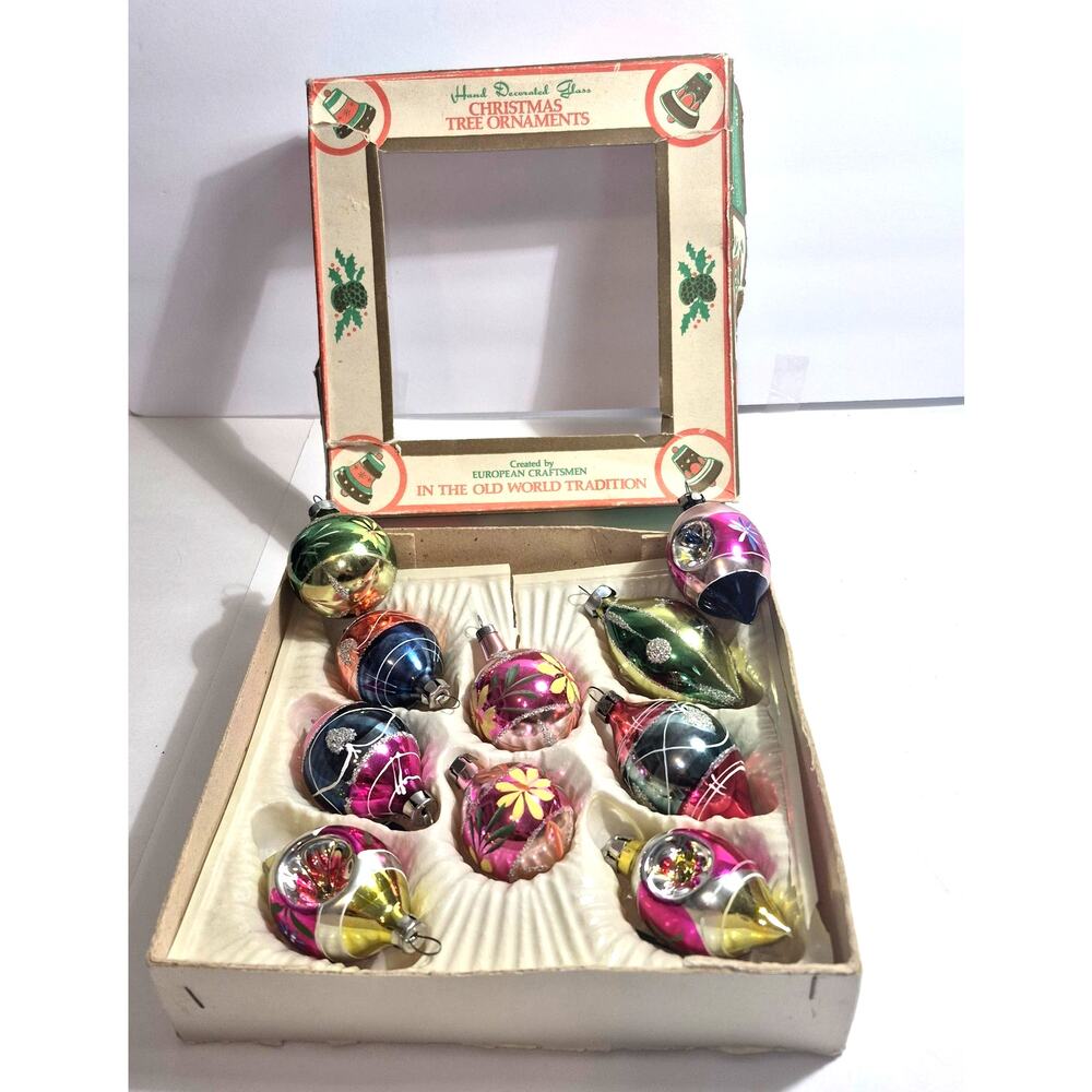 Vintage Commodore Mercury Glass Christmas Ornaments Hand Painted Embellished 10